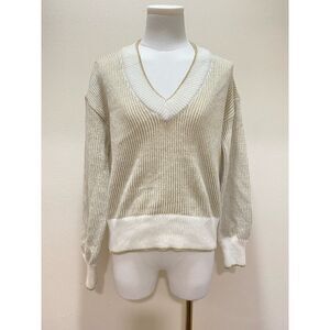 Nine West V-Neck White Shine Gold Pullover Sweater Ribbed Holiday Christmas - S